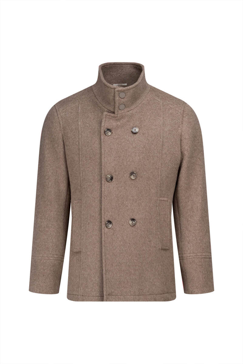 Kahverengi Slim Fit Kruvaze Yünlü Kaban