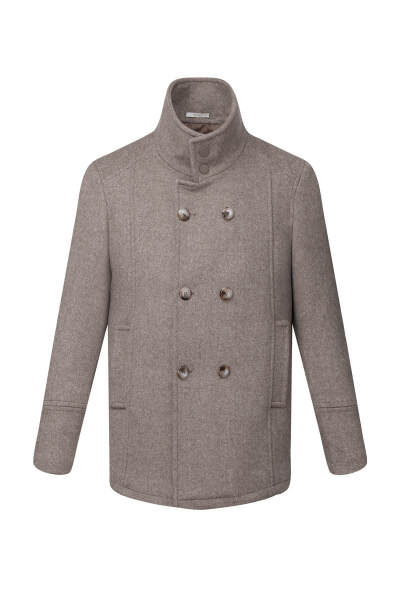 Kahverengi Slim Fit Kruvaze Yünlü Kaşe Kaban - 3