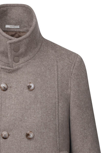 Kahverengi Slim Fit Kruvaze Yünlü Kaşe Kaban - 2