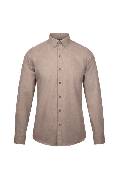 Kahverengi Slim Fit Uzun Kollu Düğmeli Yaka Pamuklu Gömlek 