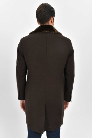 Kahverengi Yaka Kürk Detaylı Yünlü Palto - Thumbnail