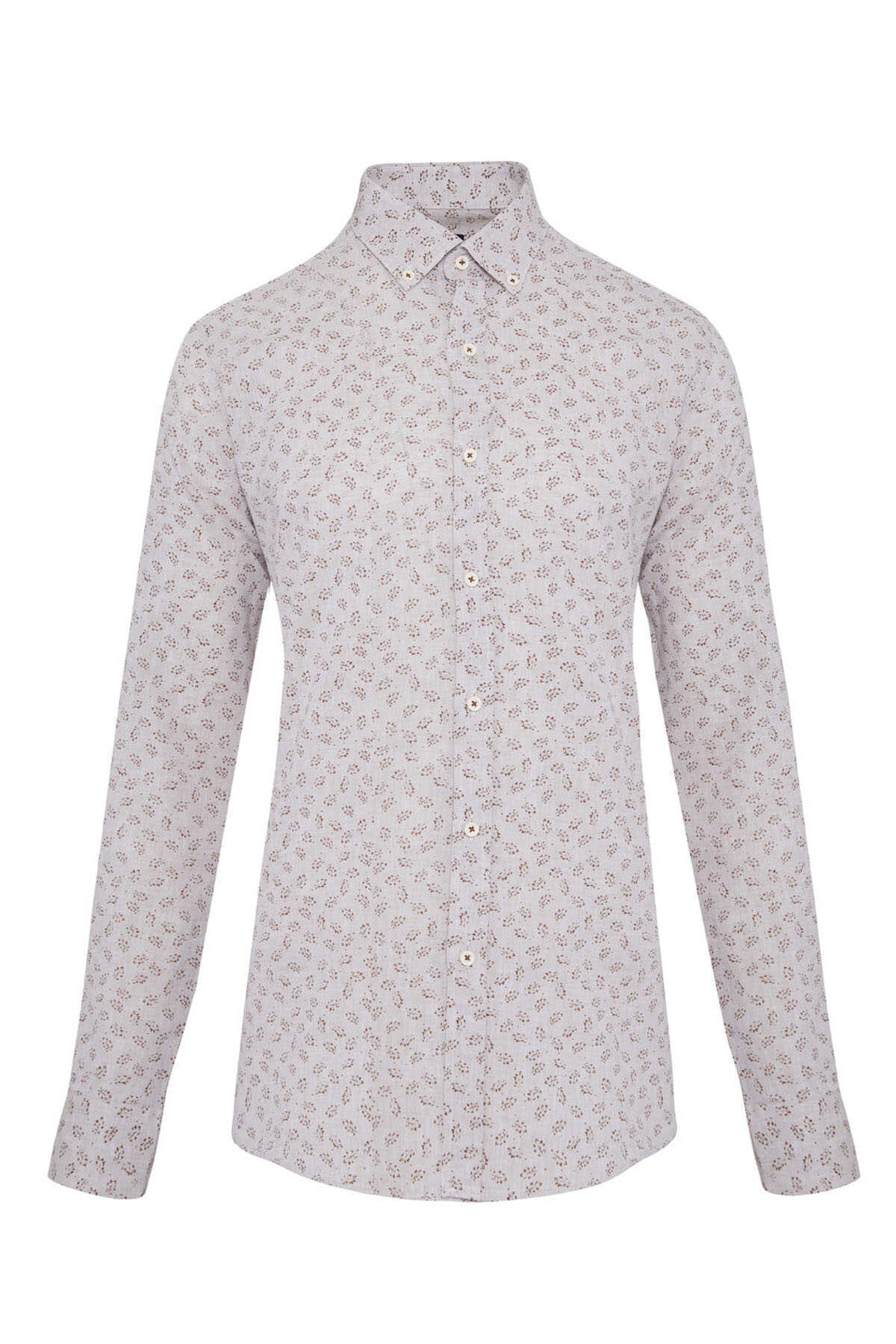 Kahverengi Slim Fit Baskılı Düğmeli Yaka Uzun Kollu Casual Keten Gömlek - 1