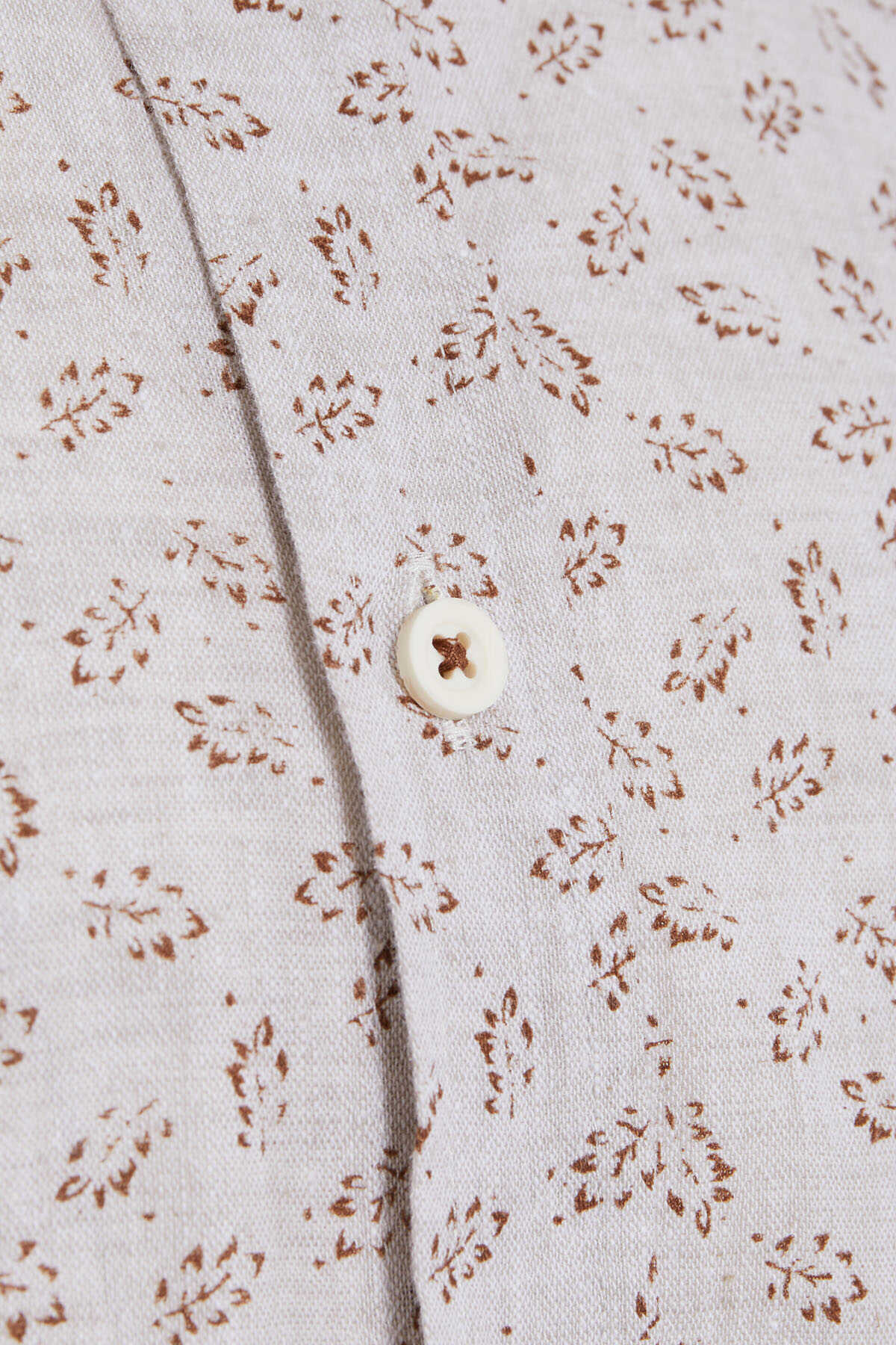 Kahverengi Slim Fit Baskılı Düğmeli Yaka Uzun Kollu Casual Keten Gömlek - 2