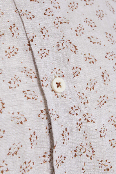 Kahverengi Slim Fit Baskılı Düğmeli Yaka Uzun Kollu Casual Keten Gömlek - 2