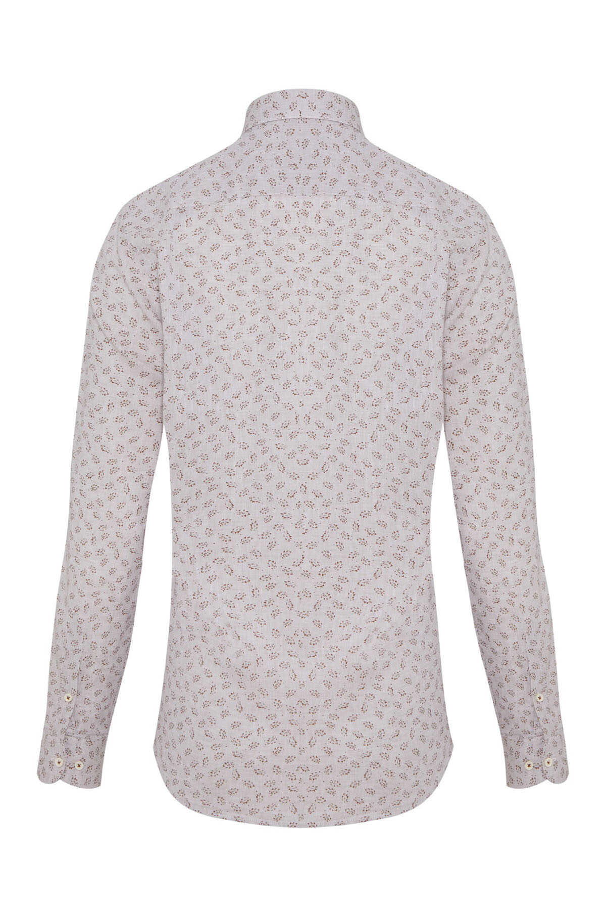 Kahverengi Slim Fit Baskılı Düğmeli Yaka Uzun Kollu Casual Keten Gömlek - 3