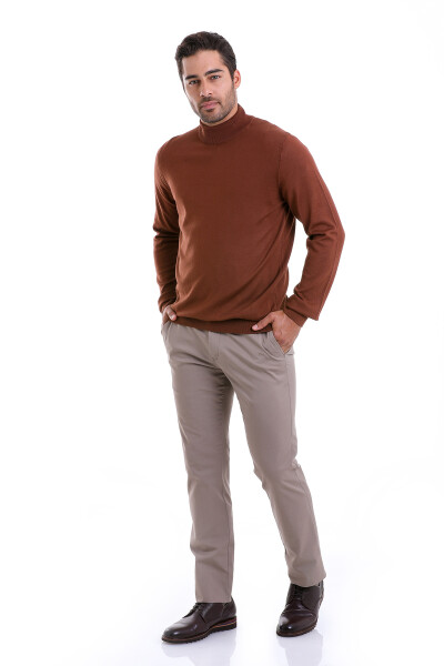 Kahverengi Regular Fit Düz 100% Pamuk Yarım Balıkçı Yaka Triko Kazak - 5