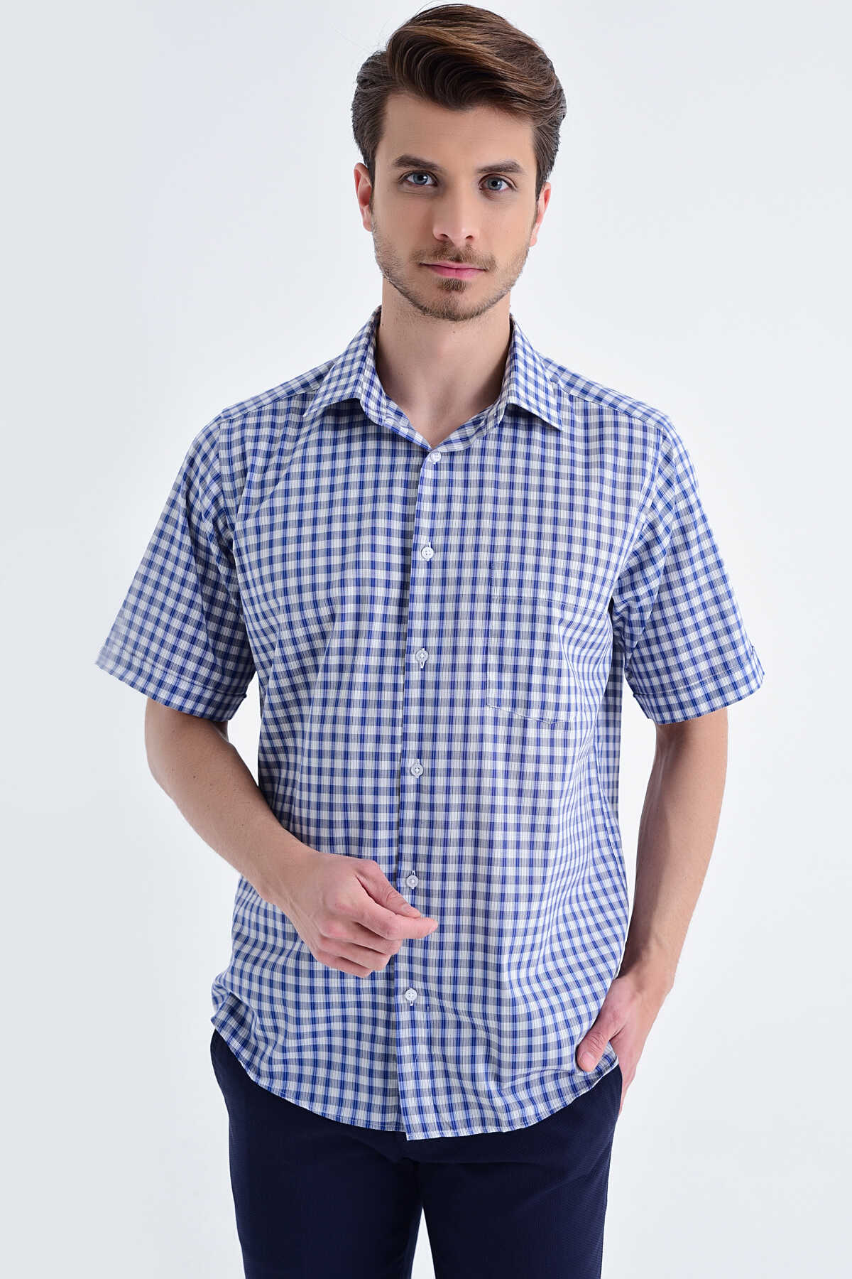 Kareli Gri Kısa Kol Gömlek - 1