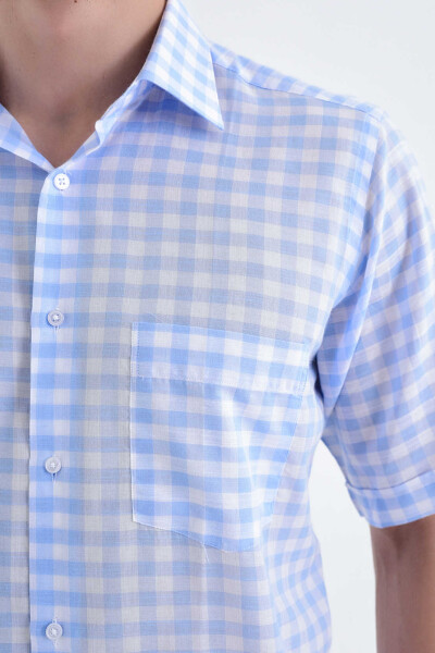 Kareli Kısa Kol Klasik Mavi Gömlek - 4