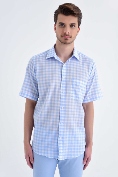 Kareli Kısa Kol Klasik Mavi Gömlek - 1