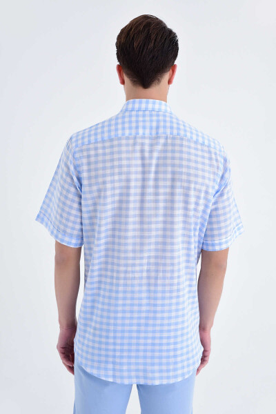 Kareli Kısa Kol Klasik Mavi Gömlek - 3