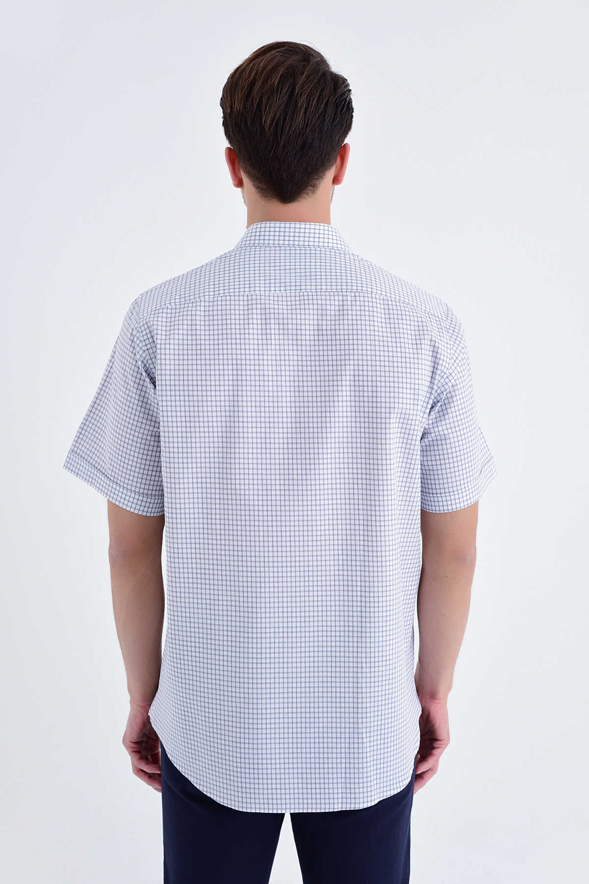 Kısa Kol Mavi Kareli Klasik Gömlek - 4
