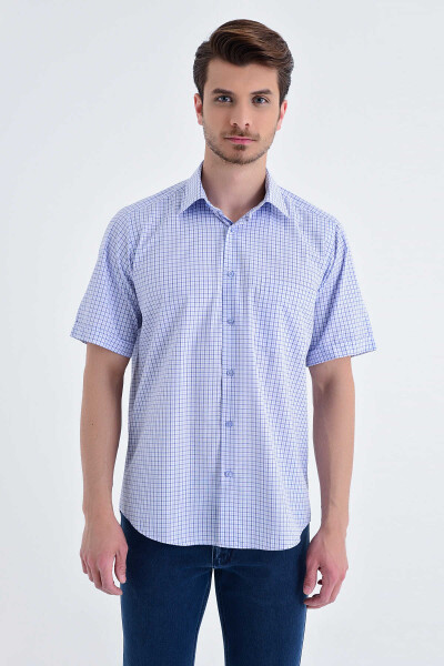 Kısa Kol Kareli Klasik Mavi Gömlek - 3