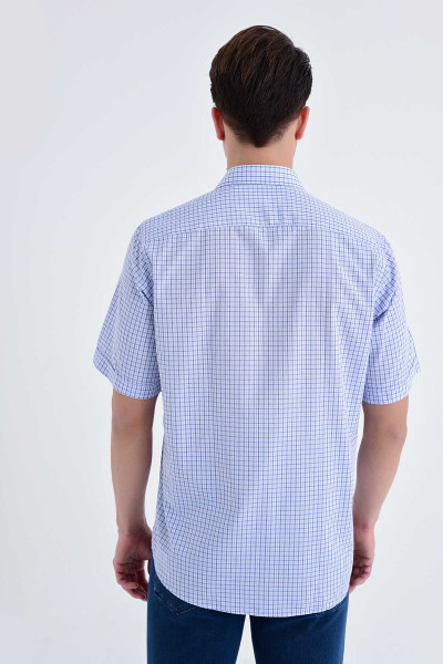 Kısa Kol Kareli Klasik Mavi Gömlek - 4