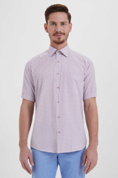 Kısa Kol Kareli Klasik Bordo Gömlek - 1