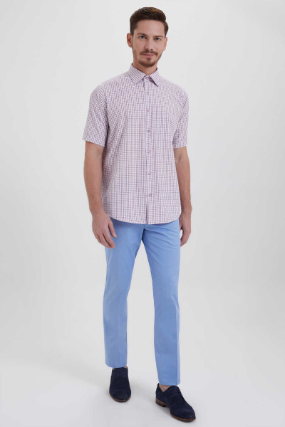 Kısa Kol Kareli Klasik Bordo Gömlek - 2