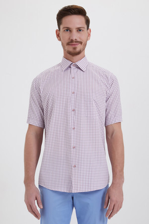 Kısa Kol Kareli Klasik Bordo Gömlek - 5