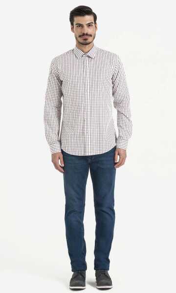 Bordo Slim Fit Kareli 100% Pamuk Uzun Kol Spor Gömlek - 4