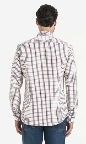 Bordo Slim Fit Kareli 100% Pamuk Uzun Kol Spor Gömlek - Thumbnail