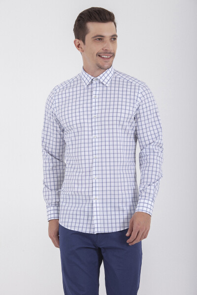 Lacivert Slim Fit Kareli 100% Pamuk Uzun Kol Spor Gömlek 