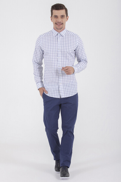 Lacivert Slim Fit Kareli 100% Pamuk Uzun Kol Spor Gömlek - 2