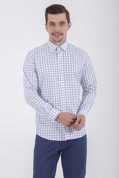 Lacivert Slim Fit Kareli 100% Pamuk Uzun Kol Spor Gömlek - 3