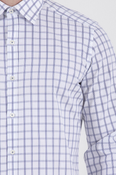 Lacivert Slim Fit Kareli 100% Pamuk Uzun Kol Spor Gömlek - 4
