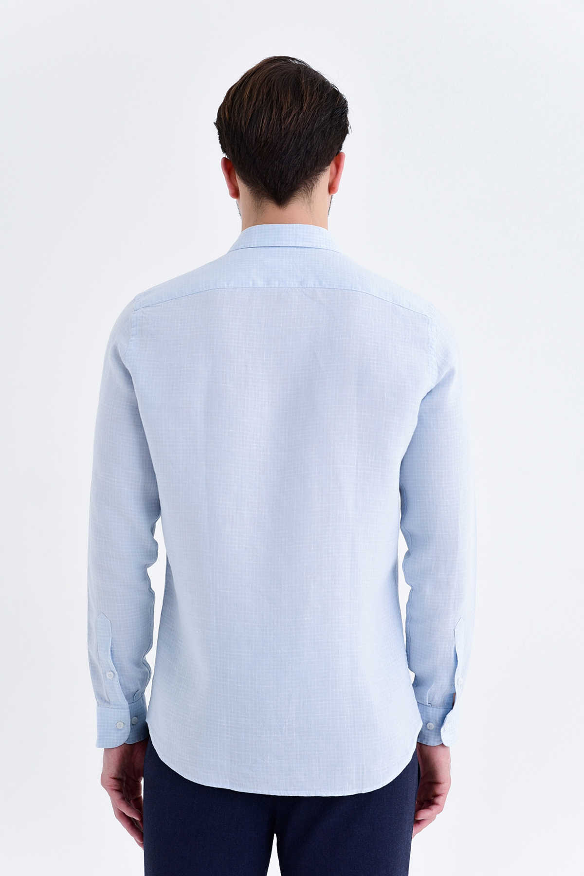 Mavi Slim Fit Kareli 100% Keten Uzun Kol Gömlek