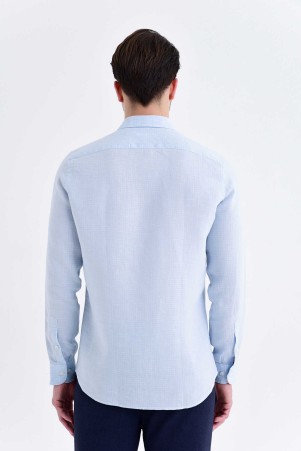 Mavi Slim Fit Kareli 100% Keten Uzun Kol Gömlek - Thumbnail