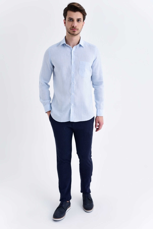 Mavi Slim Fit Kareli 100% Keten Uzun Kol Gömlek - Thumbnail (1)