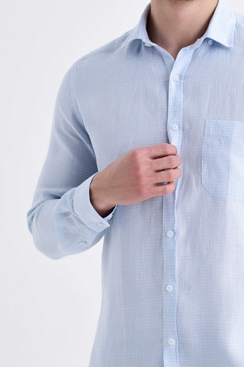 Mavi Slim Fit Kareli 100% Keten Uzun Kol Gömlek - Thumbnail (3)