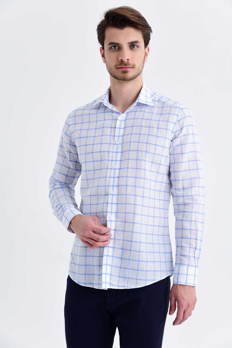 Mavi Slim Fit Kareli Uzun Kol Keten Gömlek - Hatemoğlu