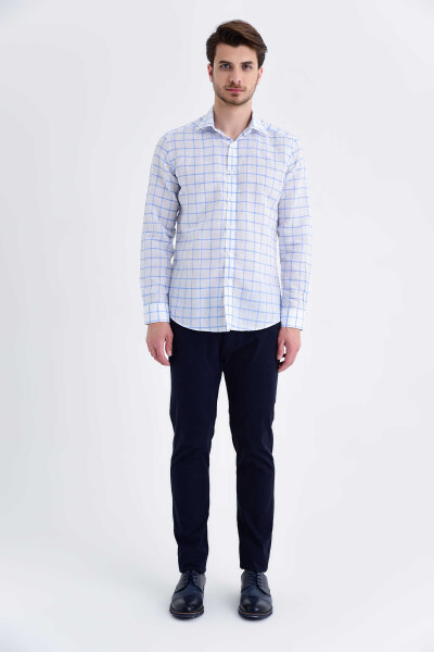 Mavi Slim Fit Kareli Uzun Kol Keten Gömlek - 2