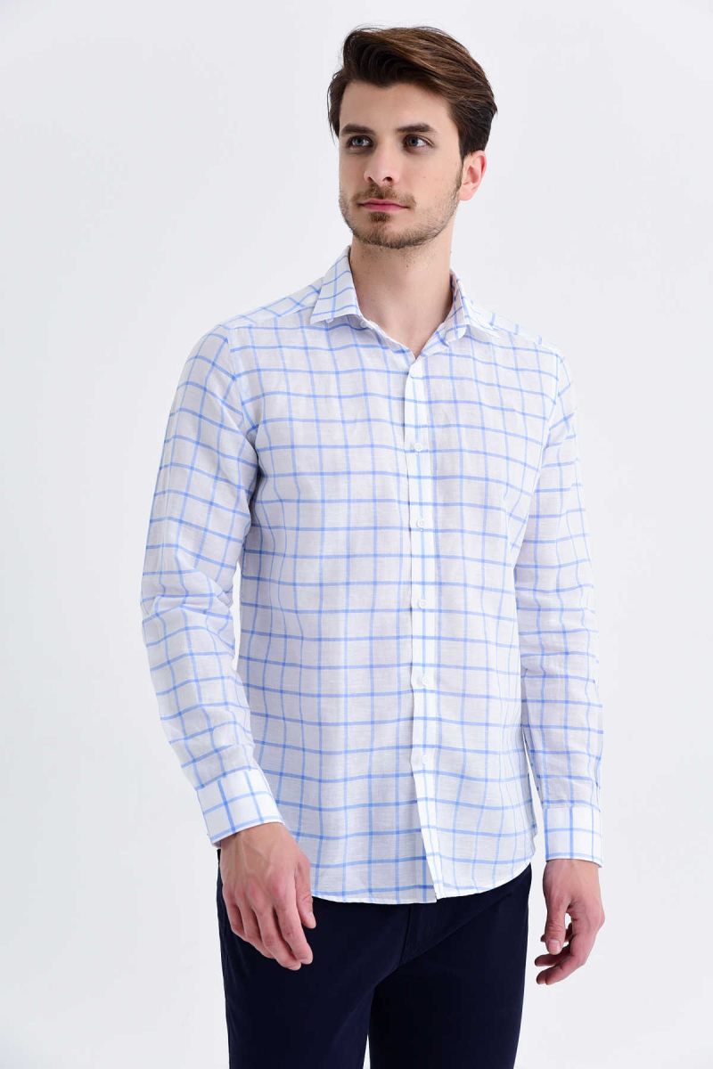 Mavi Slim Fit Kareli Uzun Kol Keten Gömlek - Hatemoğlu (1)