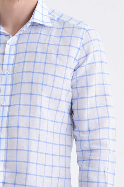 Mavi Slim Fit Kareli Uzun Kol Keten Gömlek - 4
