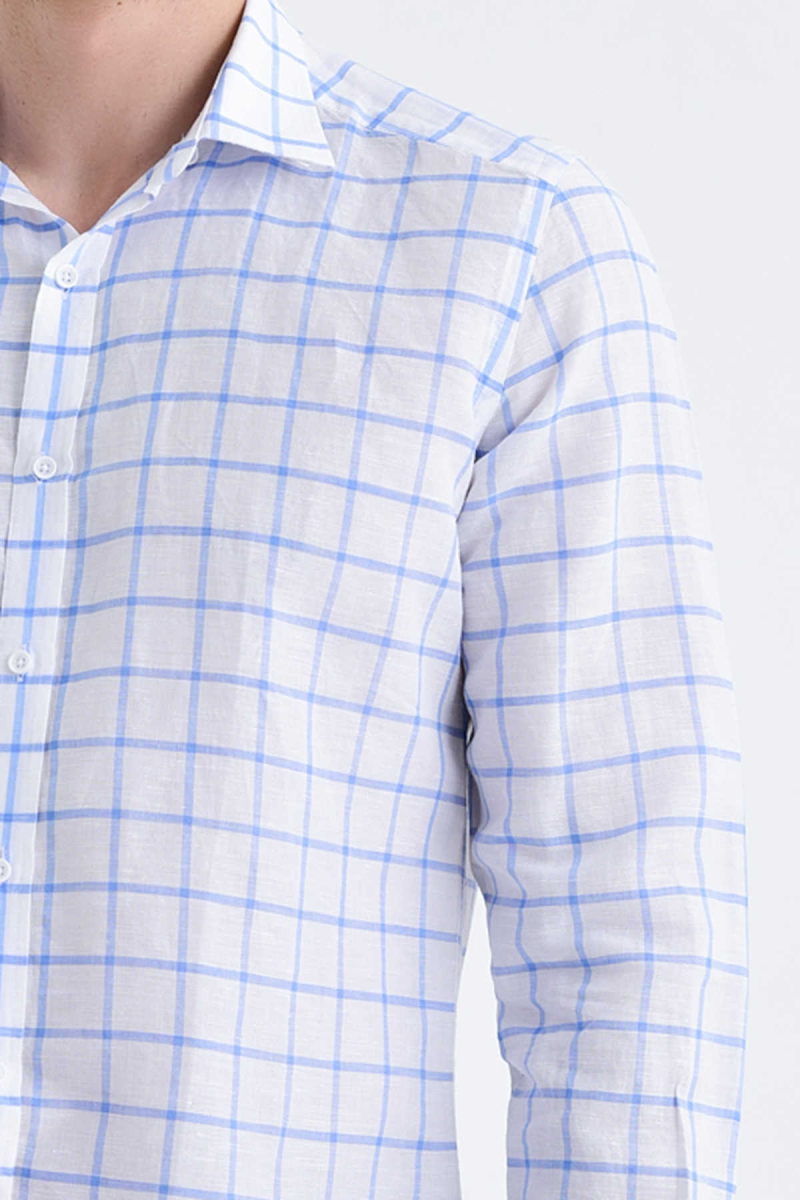 Mavi Slim Fit Kareli Uzun Kol Keten Gömlek - Hatemoğlu (1)