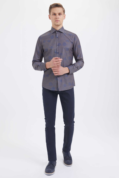 Kahverengi Slim Fit Baskılı Pamuklu Uzun Kol Spor Gömlek - 2