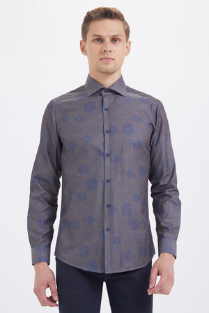 Kahverengi Slim Fit Baskılı Pamuklu Uzun Kol Spor Gömlek - 3