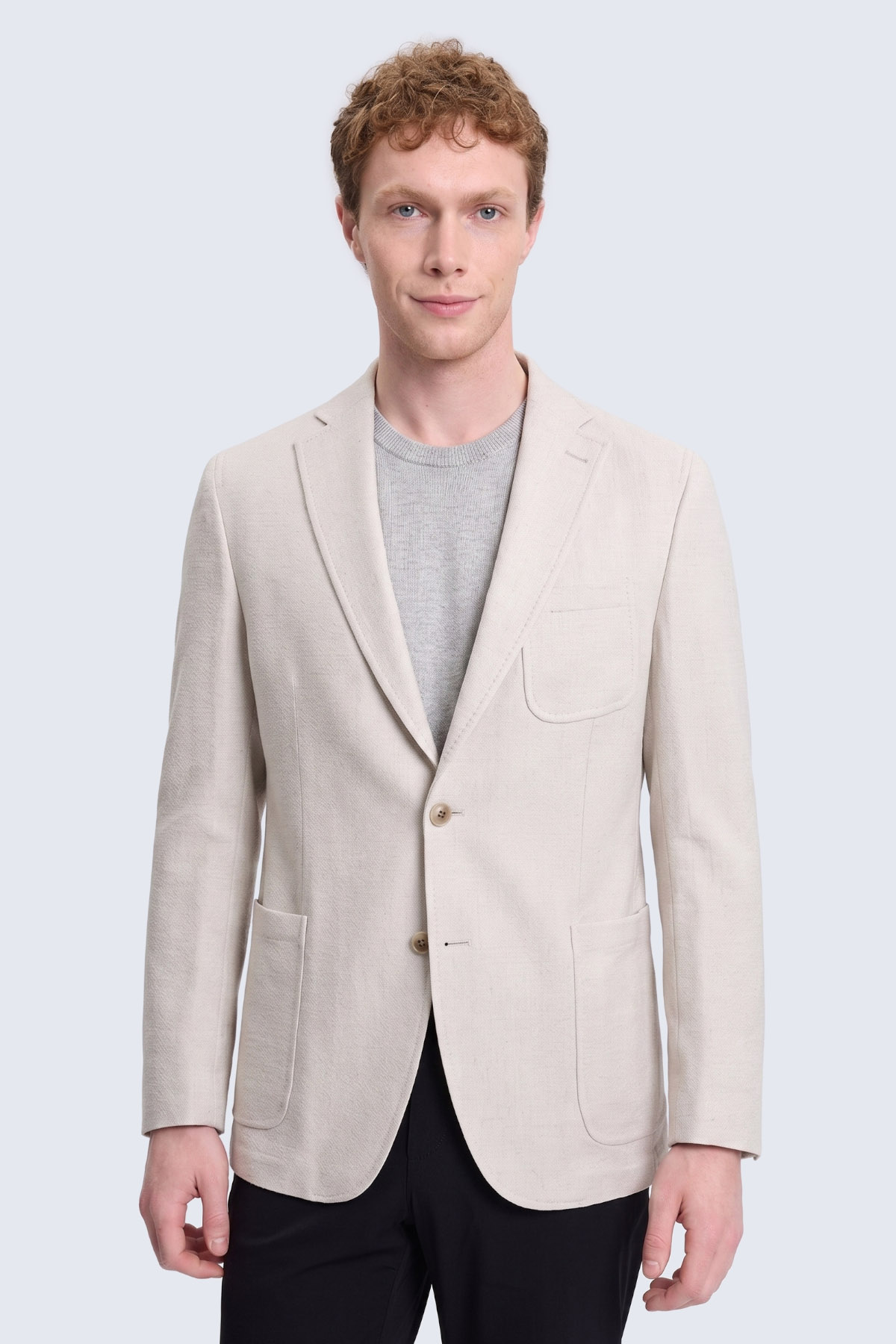Ekru Comfort Fit Mono Yaka Klasik Keten Ceket - 1