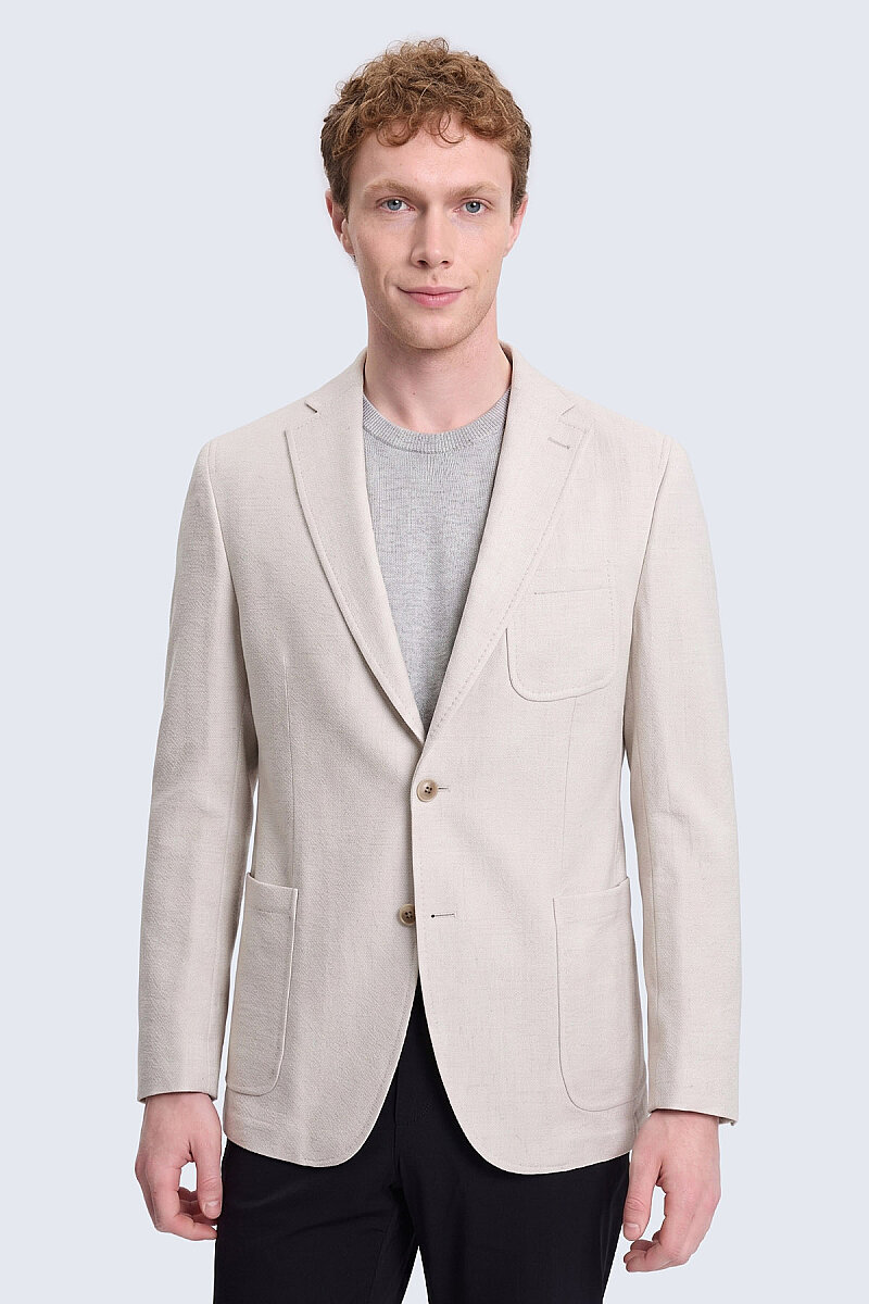 Ekru Comfort Fit Mono Yaka Klasik Keten Ceket