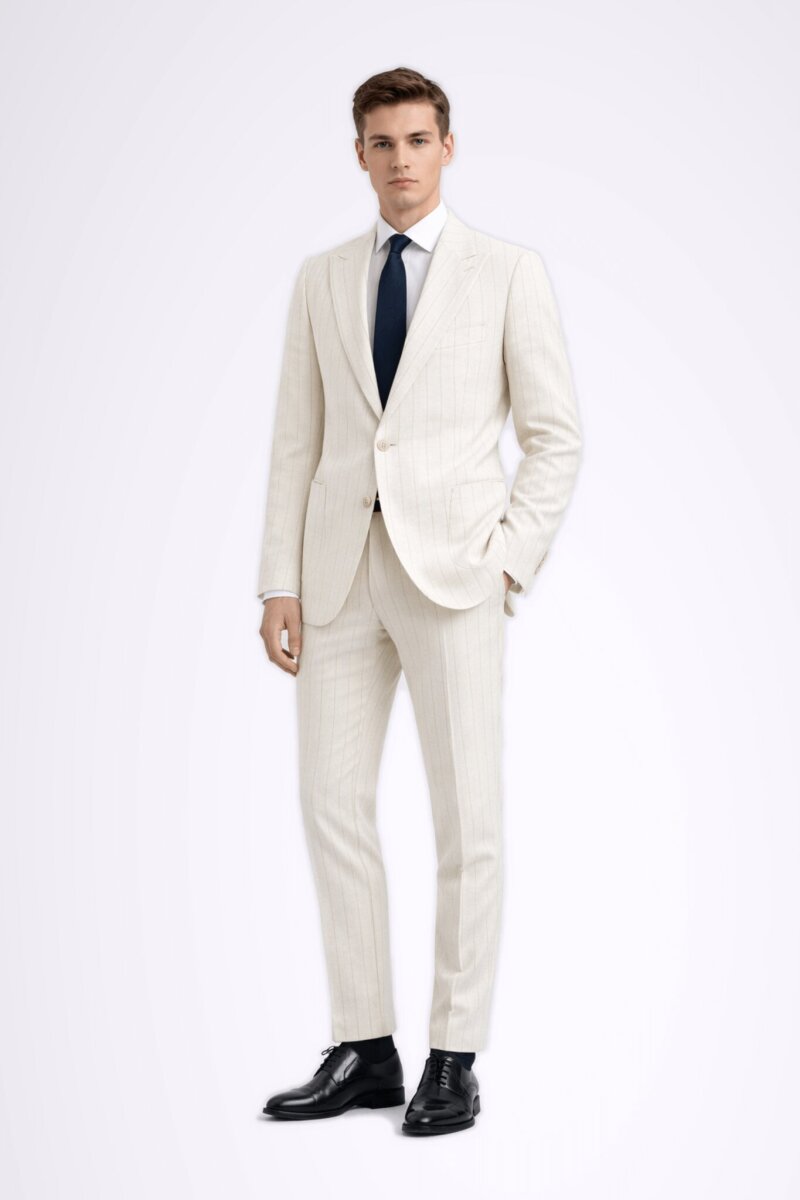 Bej Slim Fit Sivri Yaka Çizgili Keten Casual Takım Elbise