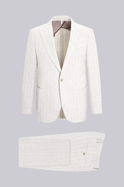 Bej Slim Fit Sivri Yaka Çizgili Keten Casual Takım Elbise - 1