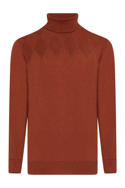 Kiremit Regular Fit Desenli Pamuklu Balıkçı Yaka Triko Kazak - 2