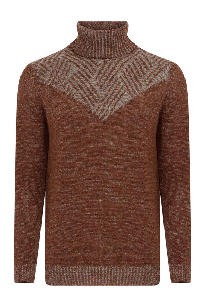 Kiremit Balıkçı Yaka Desenli Yünlü Kazak - 1