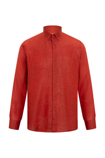 Kiremit Comfort Fit Düğmeli Yaka 100% Keten Uzun Kollu Gömlek - 1