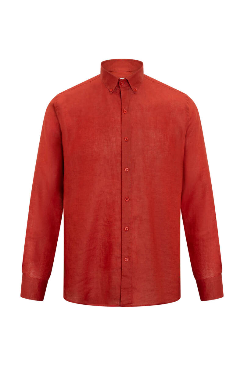 Kiremit Comfort Fit Düğmeli Yaka 100% Keten Uzun Kollu Gömlek - Saykı