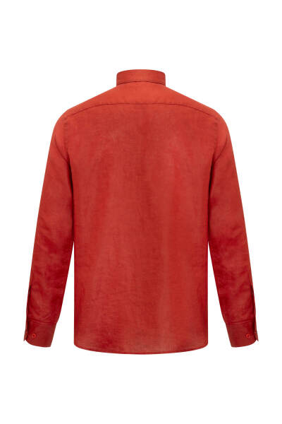 Kiremit Comfort Fit Düğmeli Yaka 100% Keten Uzun Kollu Gömlek - 3