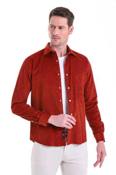 Turuncu Comfort Fit 100% Pamuk Slim Yaka Uzun Kollu Casual Kadife Gömlek 