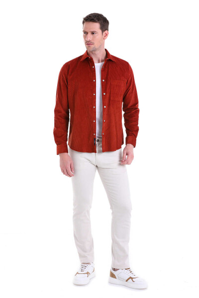 Turuncu Comfort Fit 100% Pamuk Slim Yaka Uzun Kollu Casual Kadife Gömlek - 5