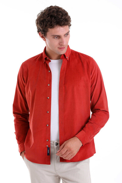Turuncu Comfort Fit 100% Pamuk Düğmeli Yaka Uzun Kollu Casual Kadife Gömlek 