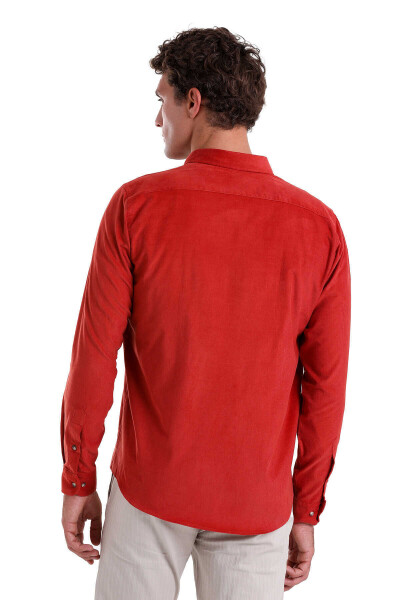 Turuncu Comfort Fit 100% Pamuk Düğmeli Yaka Uzun Kollu Casual Kadife Gömlek - 6